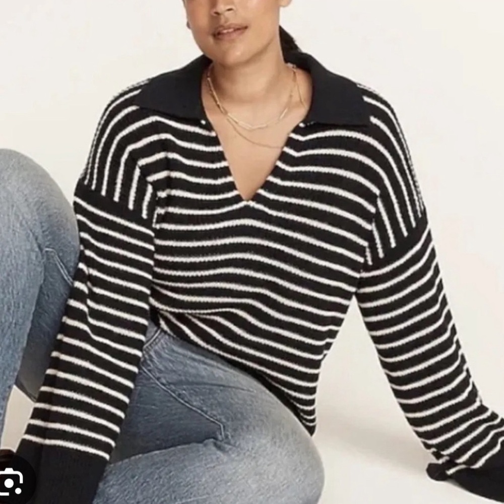 J. Crew Black and White Striped V-Neck Sweater